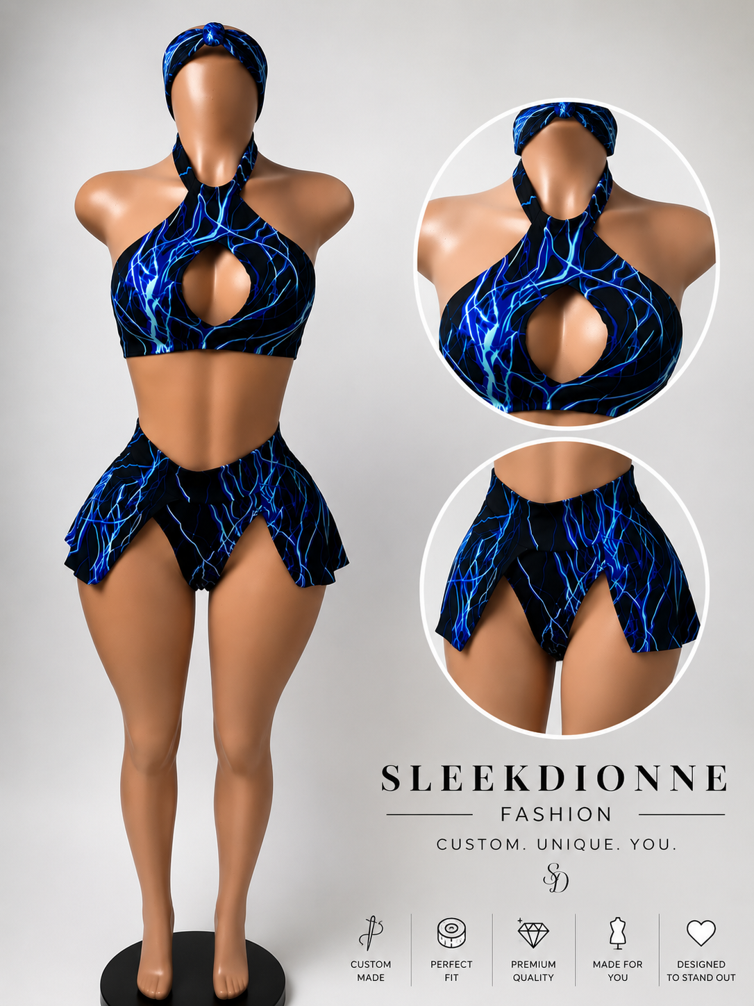 Blue lightning print custom swim set